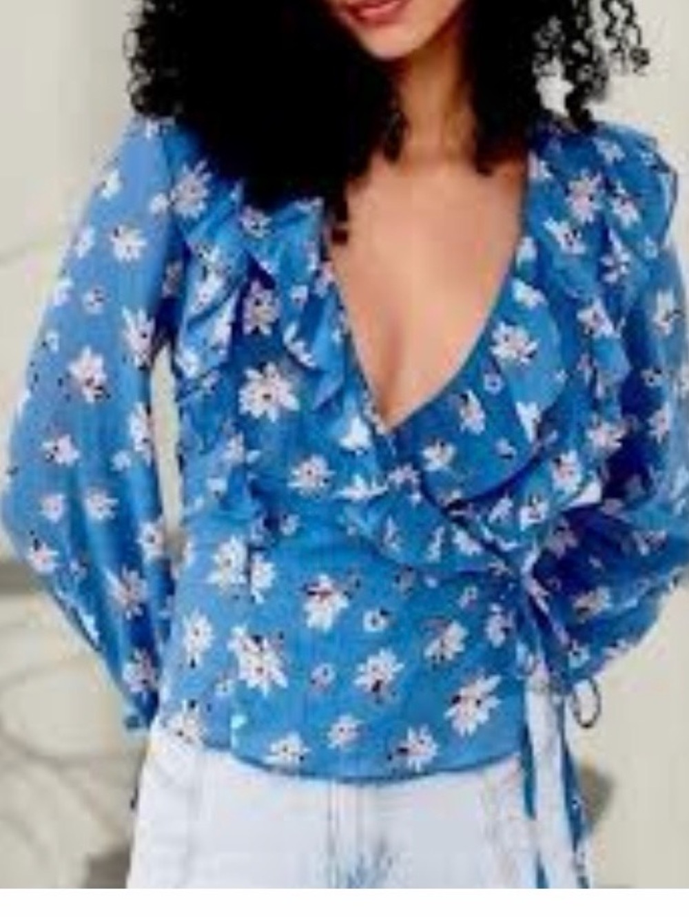 #681 Free People Amanda  Blue Floral Ruffle V-Neck Blouse - Picture 12 of 13